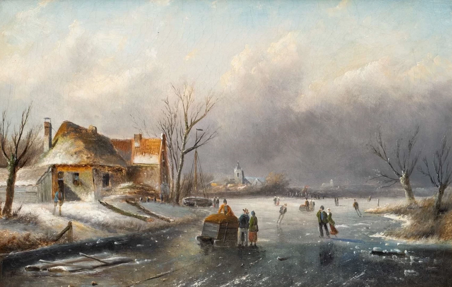Charles Leickert - Paesaggio invernale con pattinatori e slitta a spinta